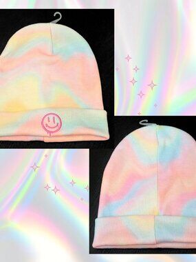 Pastel Tie Dye Smiley Face Beanie Y2K Kawaii Rainbow Knit Rave Hat